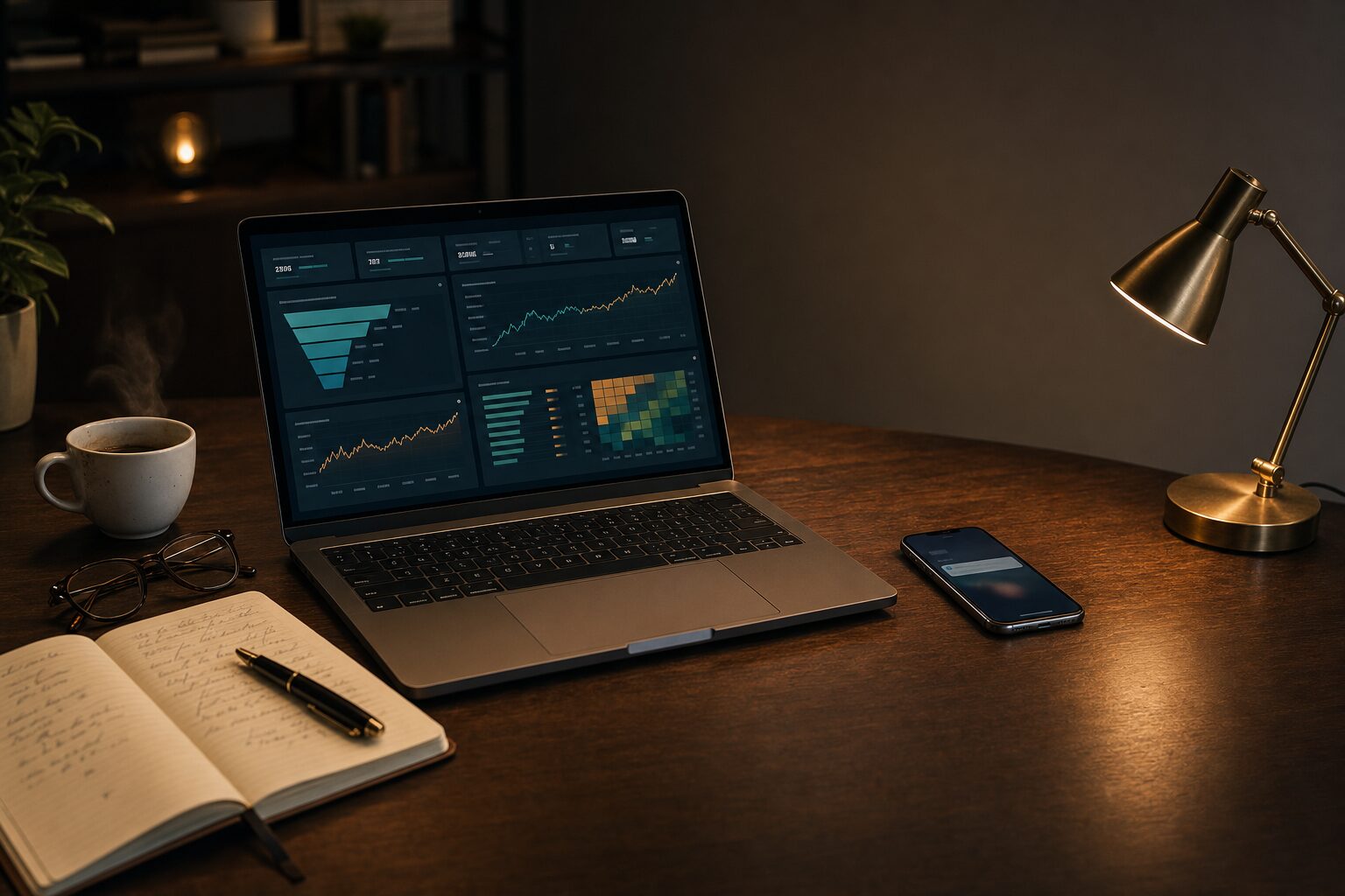 Schreibtisch mit Laptop, GA4-Dashboard und Notizblock - Stillleben für sauberes Performance-Tracking im Online-Marketing