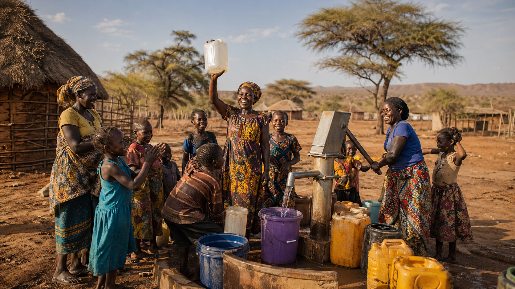 African community celebrating at a new hand pump well - women and children with water canisters