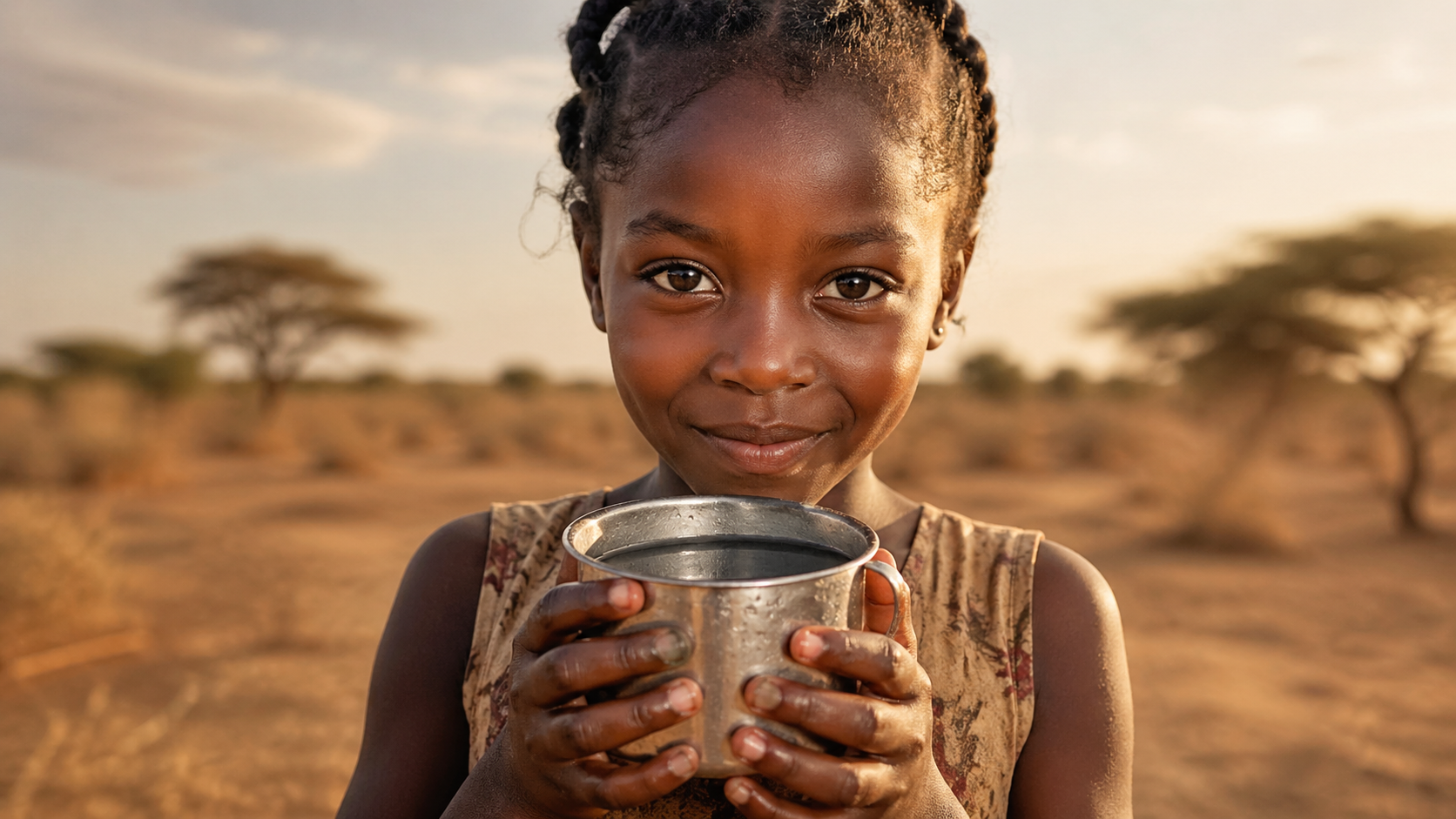 African girl drinking clean water from a metal cup - a well donation changes lives