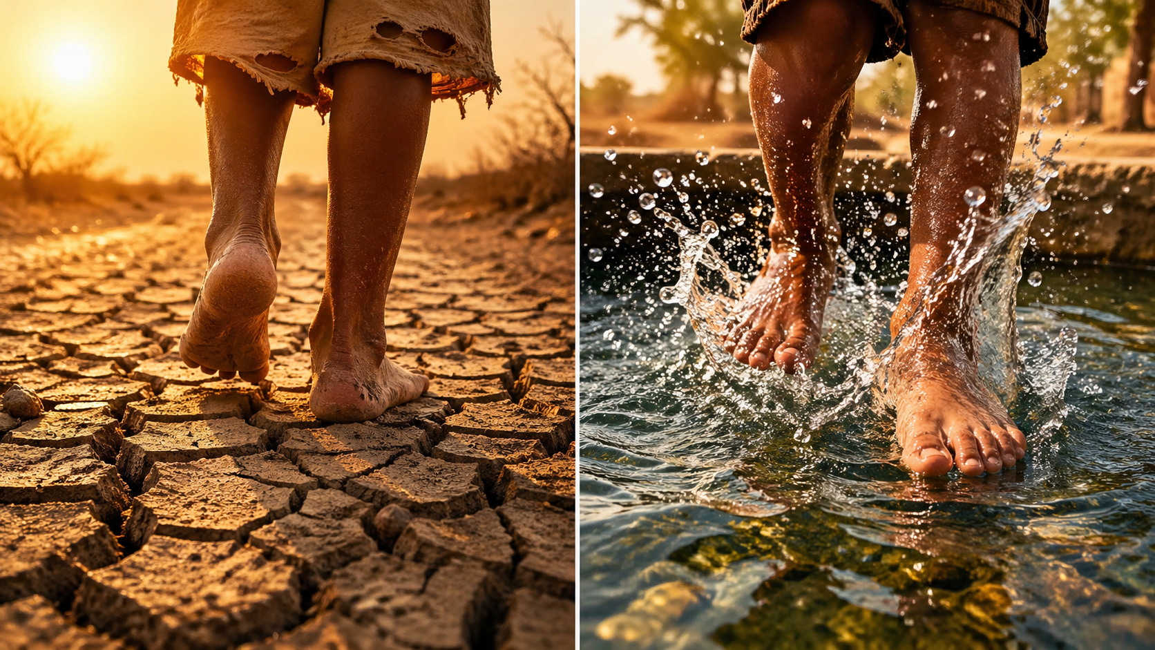 Before and after: bare feet on cracked dry ground vs. feet in fresh water - the impact of a well