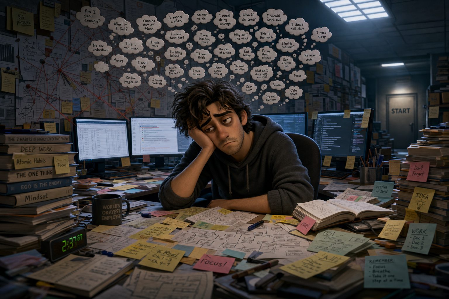 Erschöpfter Mann am Schreibtisch, umgeben von Gedankenblasen, Post-its und Plänen - Überdenken ohne Ergebnis