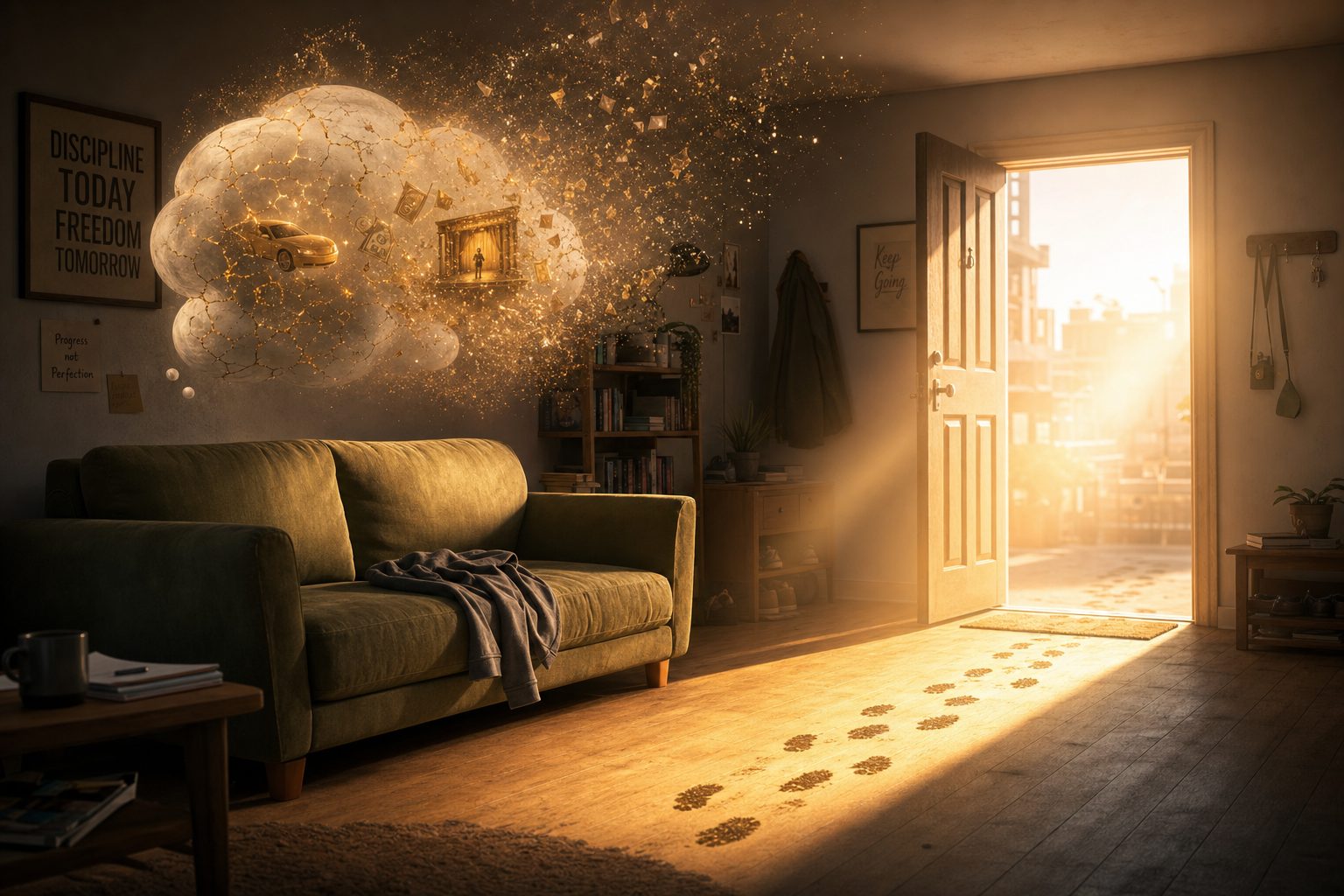 Leeres Sofa, Fußspuren führen zur offenen Tür mit Sonnenlicht - vom Träumen ins Handeln