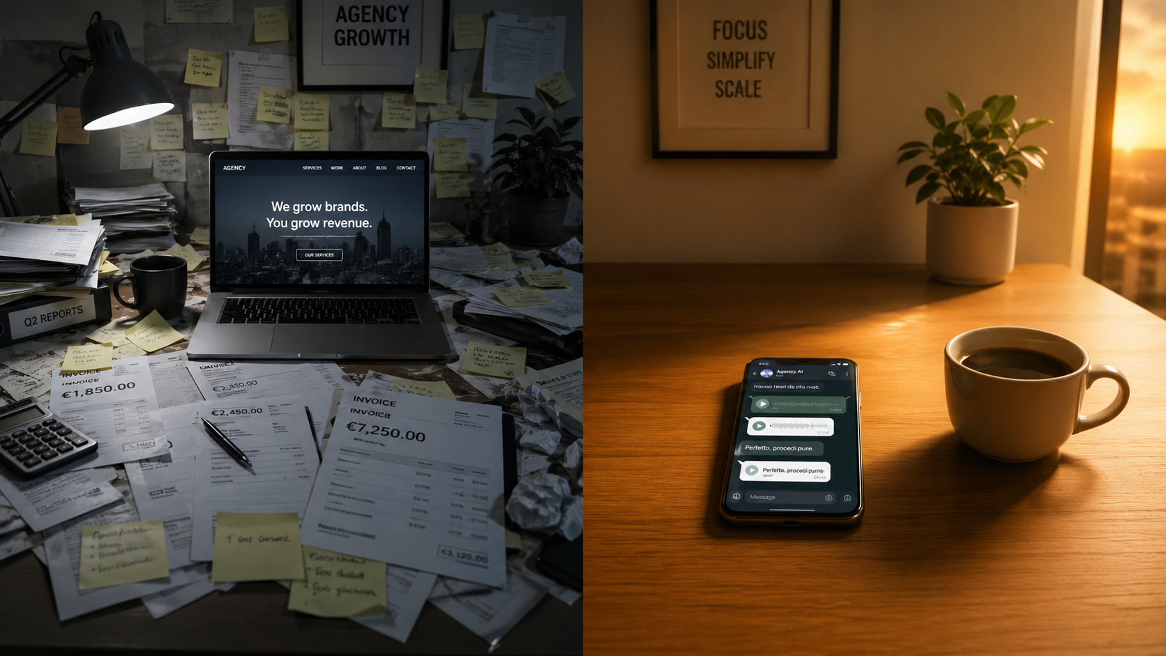 Split-Bild: Links chaotischer Agentur-Schreibtisch mit Rechnungen und Stress - rechts aufgeräumter Tisch mit nur Smartphone und Kaffee im Abendlicht