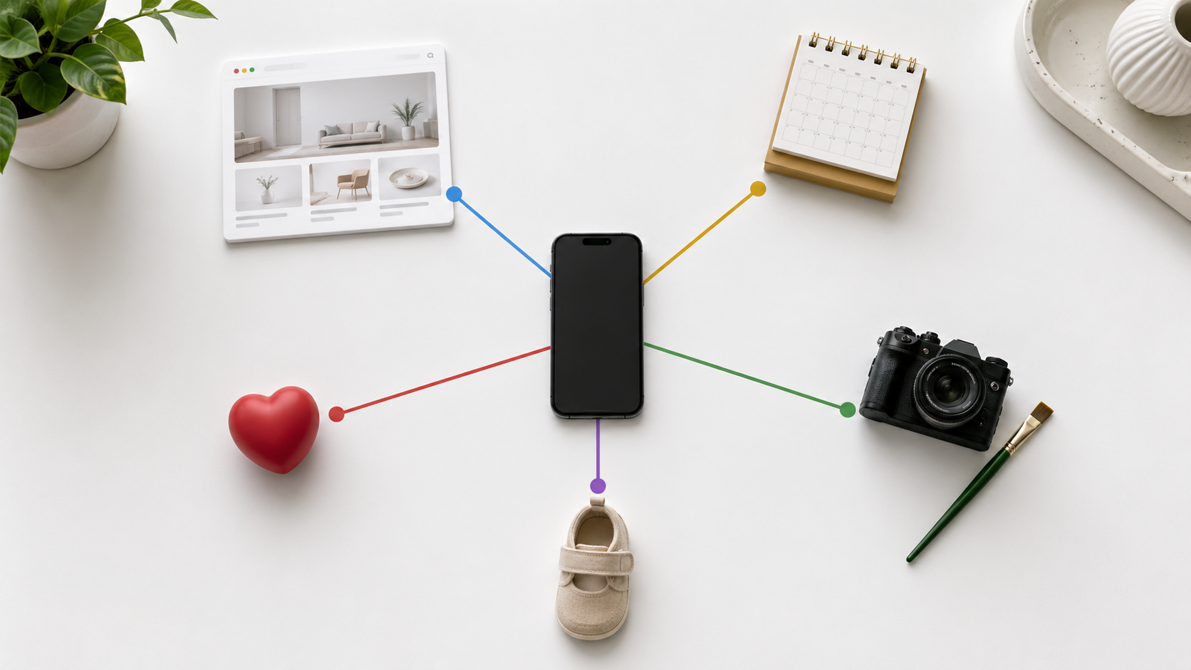 Flat-Lay: Smartphone in der Mitte verbunden mit Webseite, Kalender, Kamera, Herz und Babyschuhen - fünf KI-Spezialisten-Threads