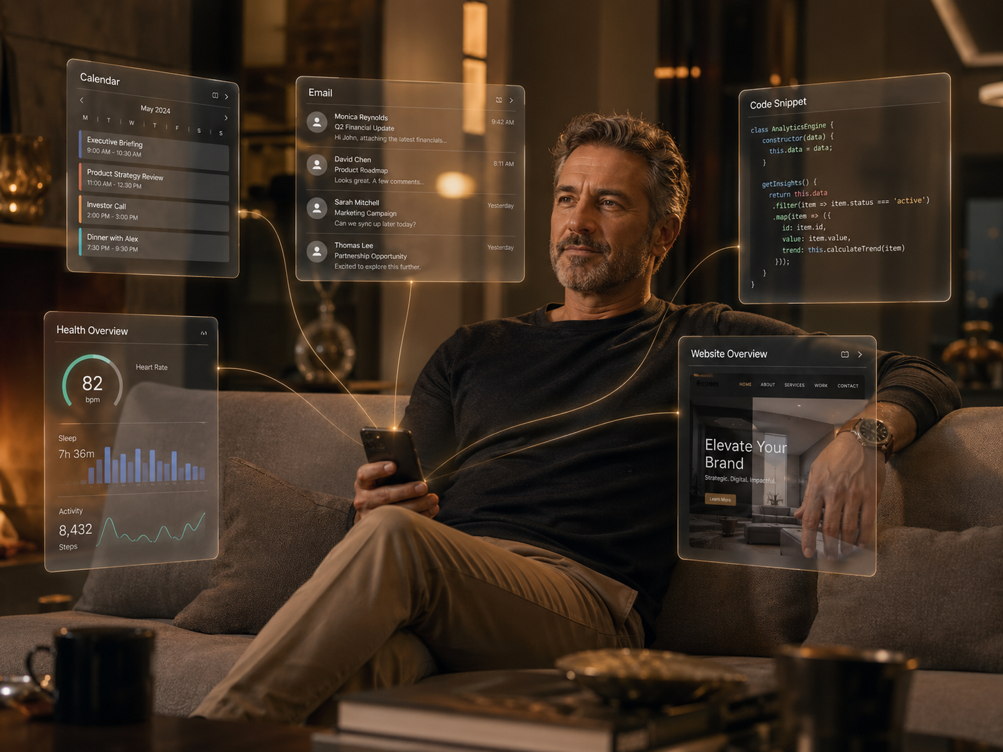 Unternehmer auf dem Sofa mit Smartphone - holographische KI-Screens zeigen E-Mails, Kalender, Code, Gesundheitsdaten und Webseite