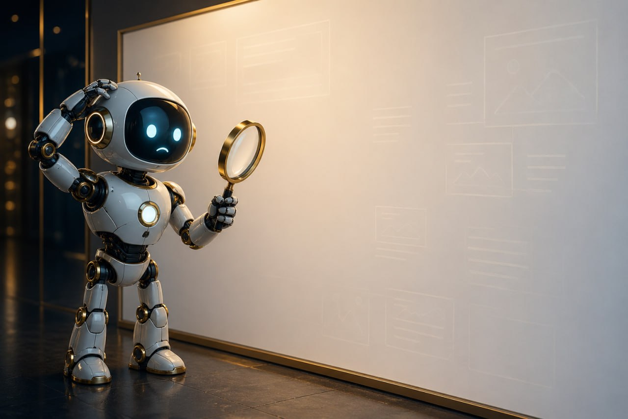 KI-Roboter mit Lupe vor leerer weißer Wand - KI-Crawler können Client-Side-Rendered Webseiten nicht lesen