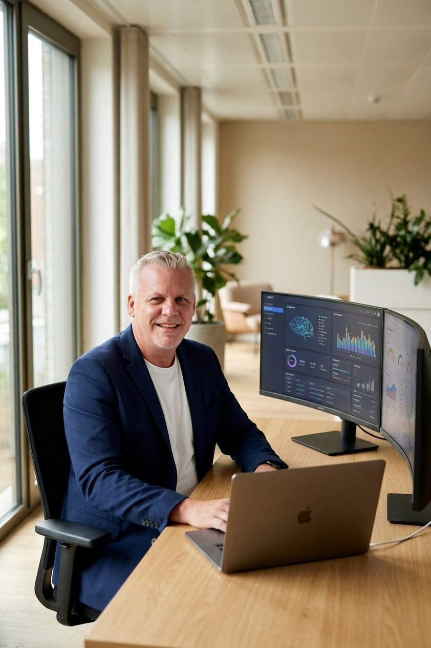 Maik Schwede am Laptop mit KI-Dashboards