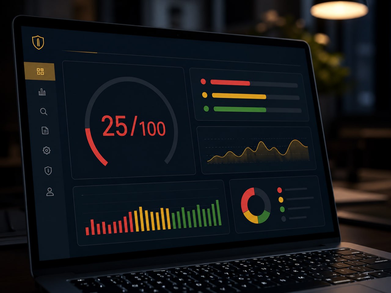 GEO-Score Dashboard zeigt kritischen Wert 25 von 100 - SEO-Audit-Ergebnis einer Webseite