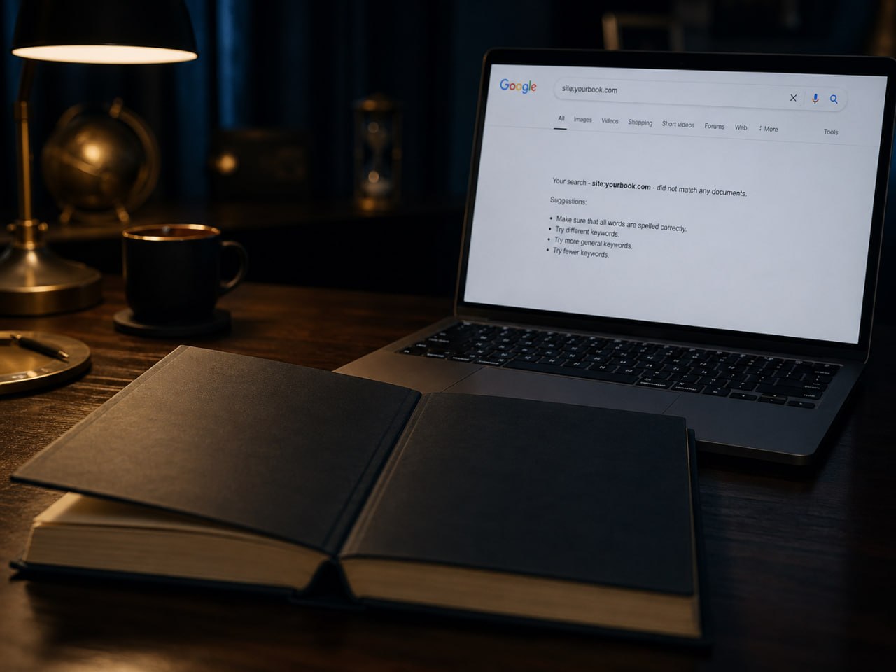 Buch ohne Impressum auf Schreibtisch neben Laptop mit leerer Google-Suche - Metapher für unsichtbare Webseiten