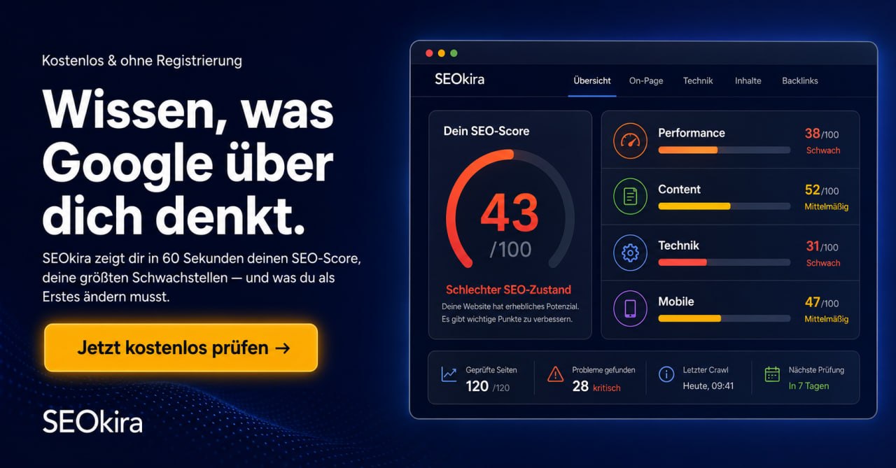 SEOkira - Wissen, was Google über dich denkt. SEO-Score 43/100 mit Performance, Content, Technik und Mobile Analyse. Jetzt kostenlos prüfen.