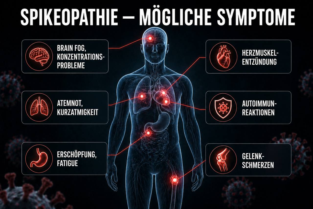 Infografik: Spikeopathie - Mögliche Symptome wie Brain Fog, Herzmuskelentzündung, Atemnot, Autoimmunreaktionen, Erschöpfung und Gelenkschmerzen