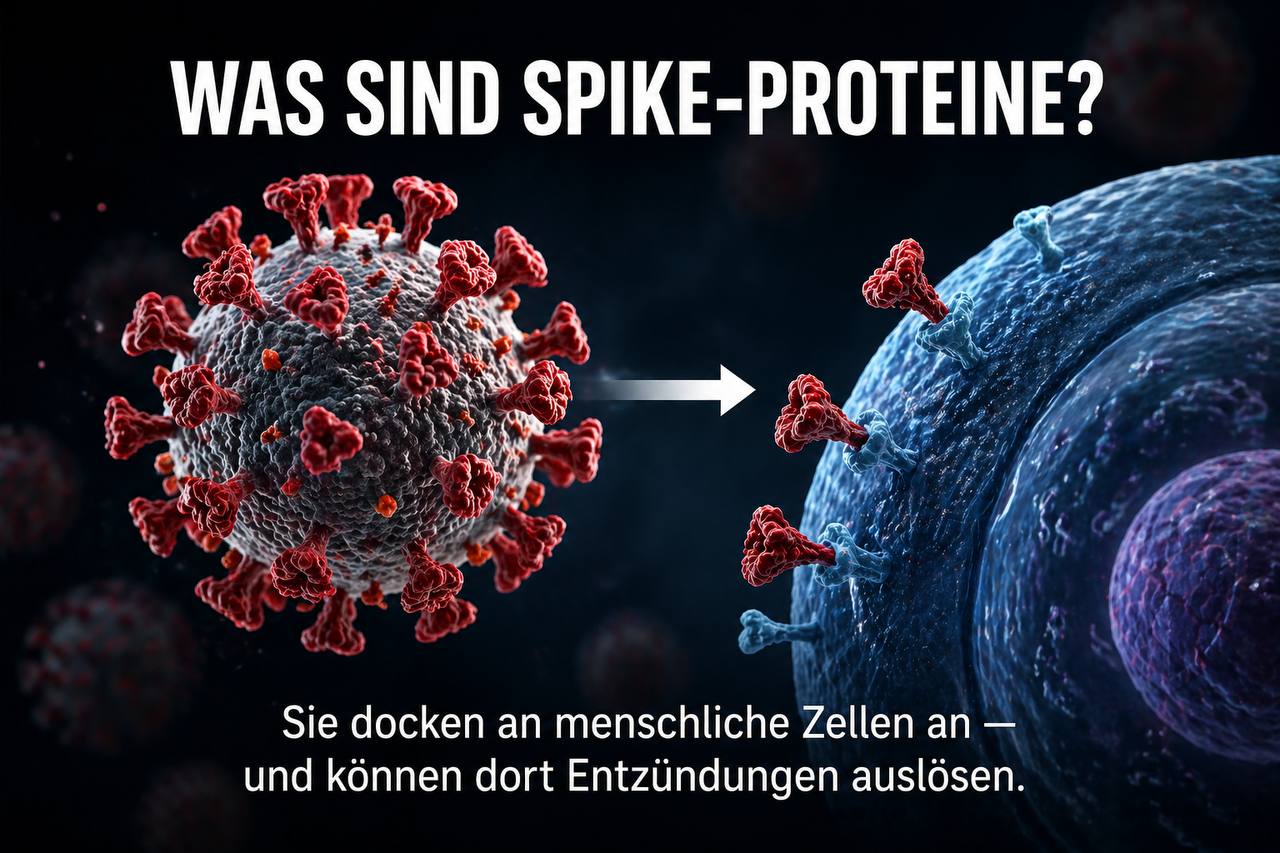 Infografik: Was sind Spike-Proteine? - Coronavirus mit Spike-Proteinen dockt an menschliche Zelle an und löst Entzündungen aus