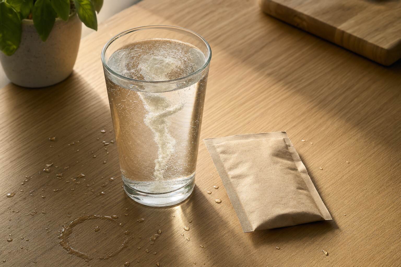 Glas mit aufgelöstem Pulver-Drink am Morgen - Symbolbild für eine simple Supplement-Routine morgens und abends