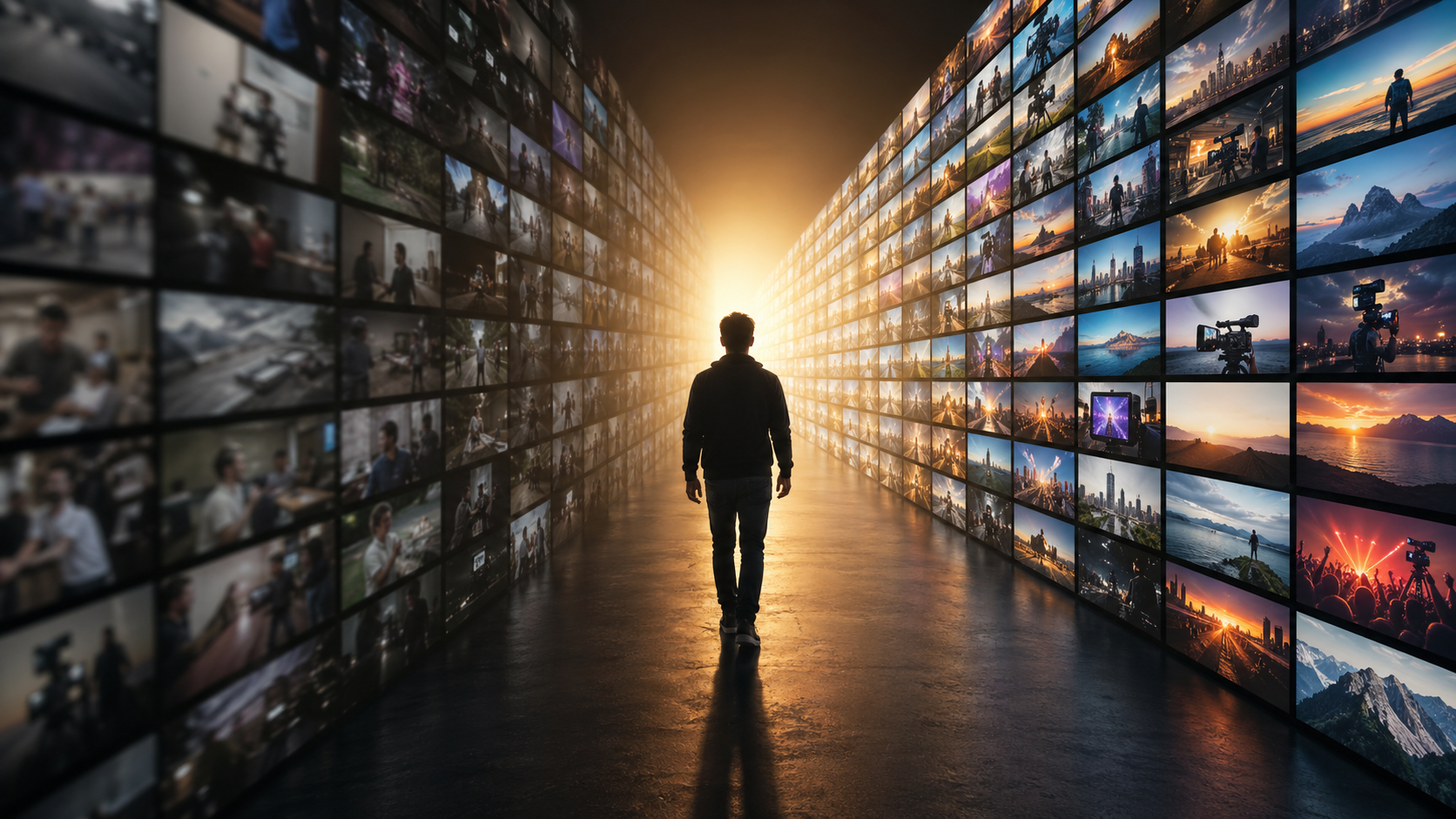 Silhouette of a man in front of hundreds of video screens - standing out from the content flood on YouTube