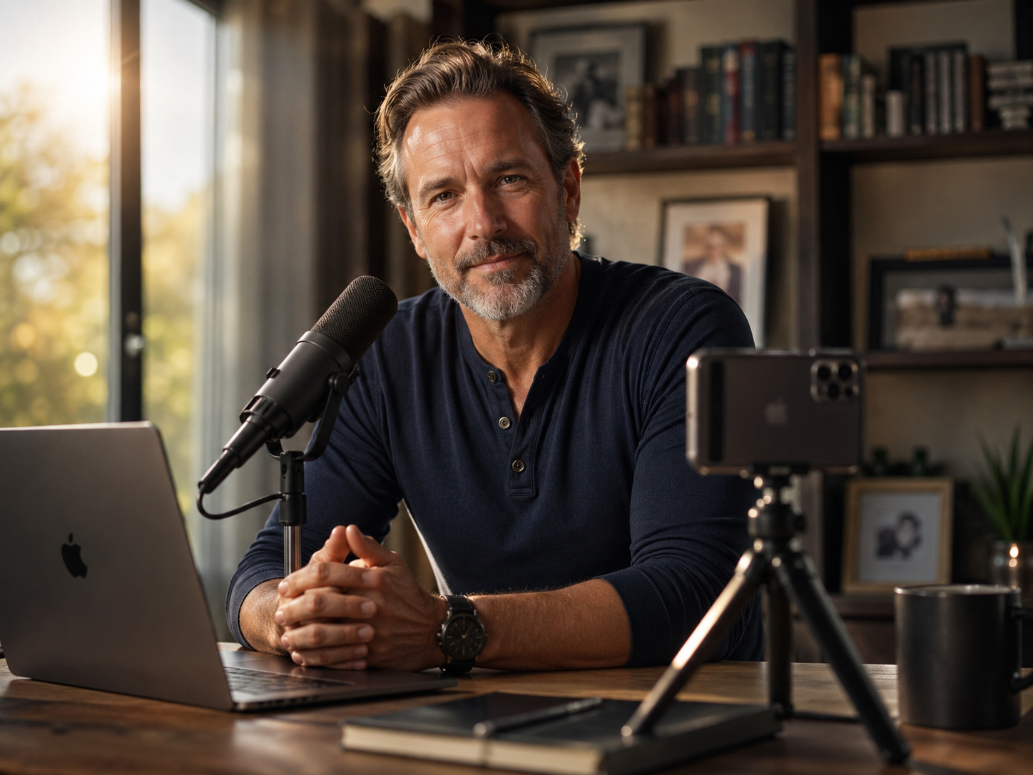 YouTube creator over 40 at desk with microphone, laptop and smartphone - professional home setup