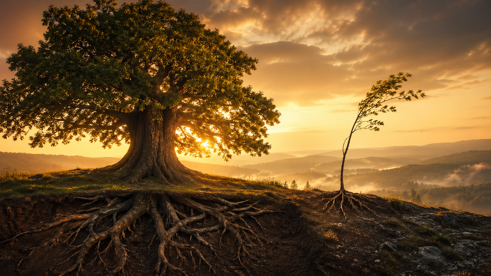 Large old tree with deep roots next to a young sapling at sunset - experience as the foundation for YouTube success