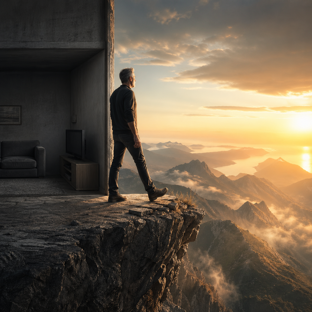 Man steps out of his comfort zone onto a cliff with a view of mountains and sunrise - courage to start on YouTube