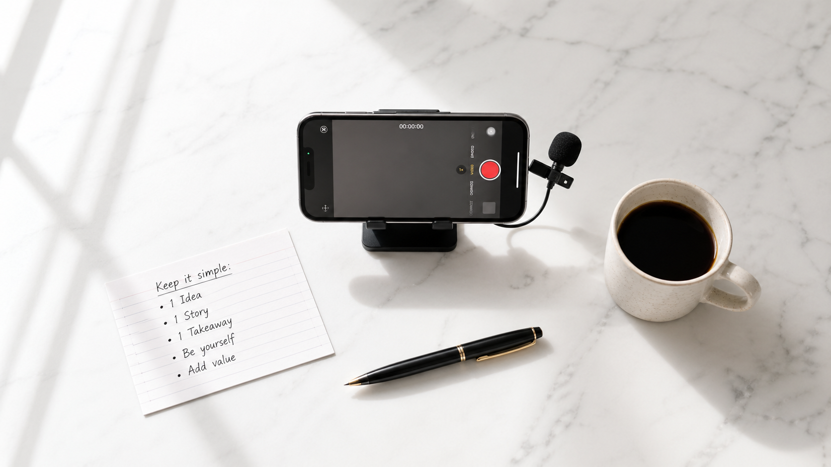 Minimalist YouTube setup: smartphone on tripod, clip-on microphone, note saying Keep it simple and a coffee mug